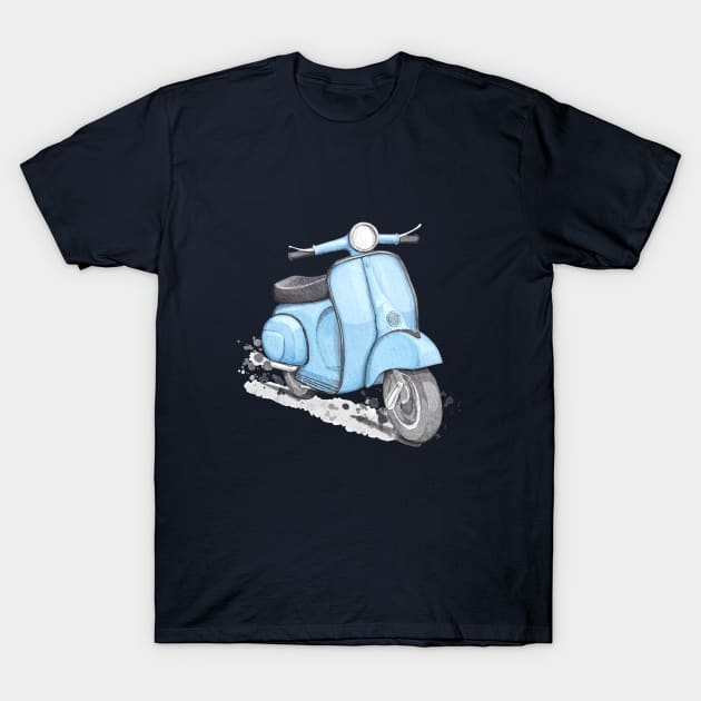 Blue classic vintage scooter. Blue background. T-Shirt by Magic Mouse Illustration